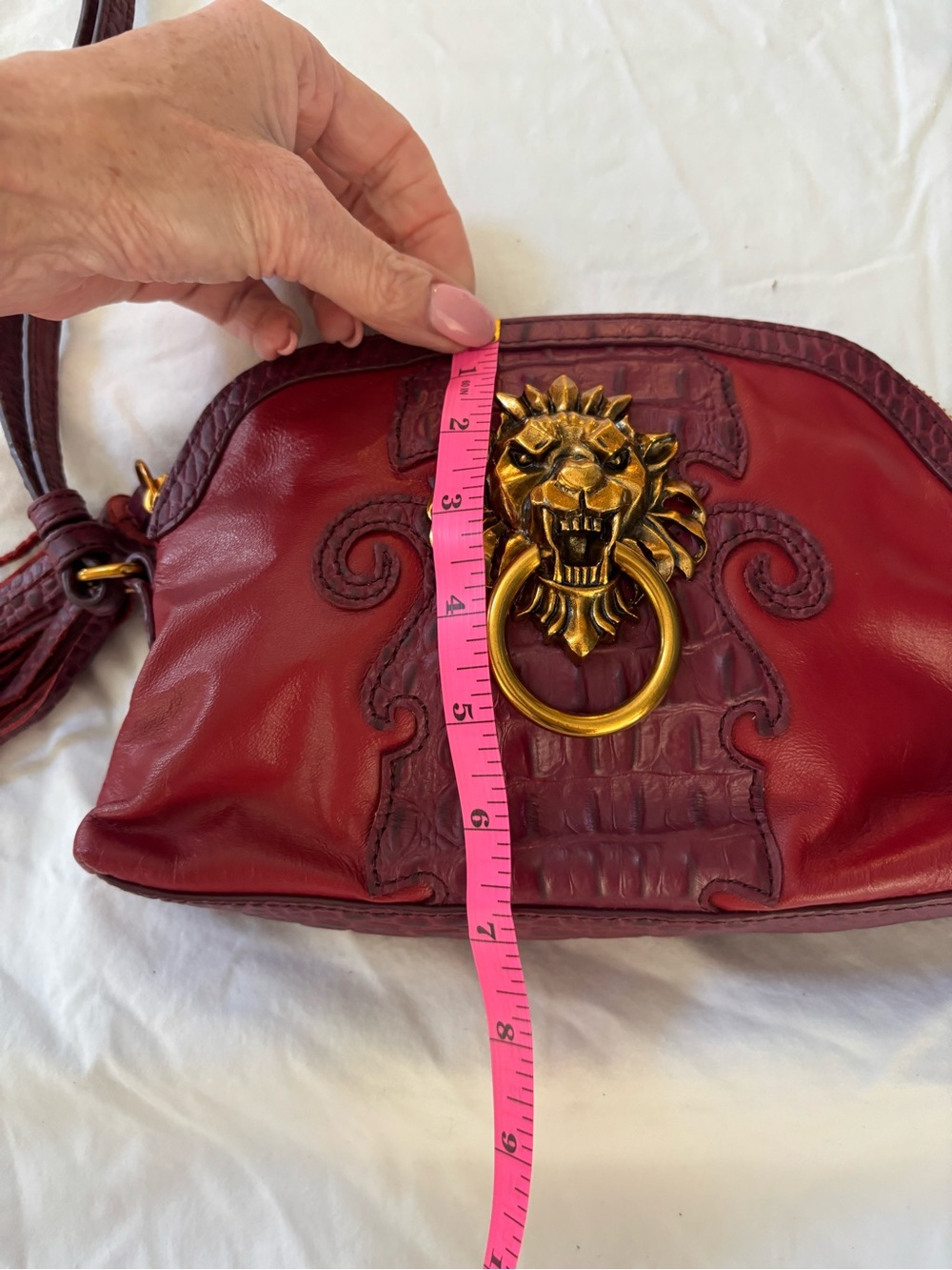 Sharif Burgundy Red Leather Crossbody Bag with Gold Lion Ring Vintage - Picture 8 of 8